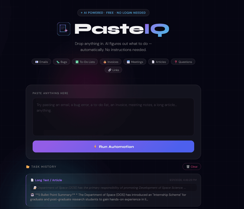 Screenshot of PasteIQ: AI Powered Automation